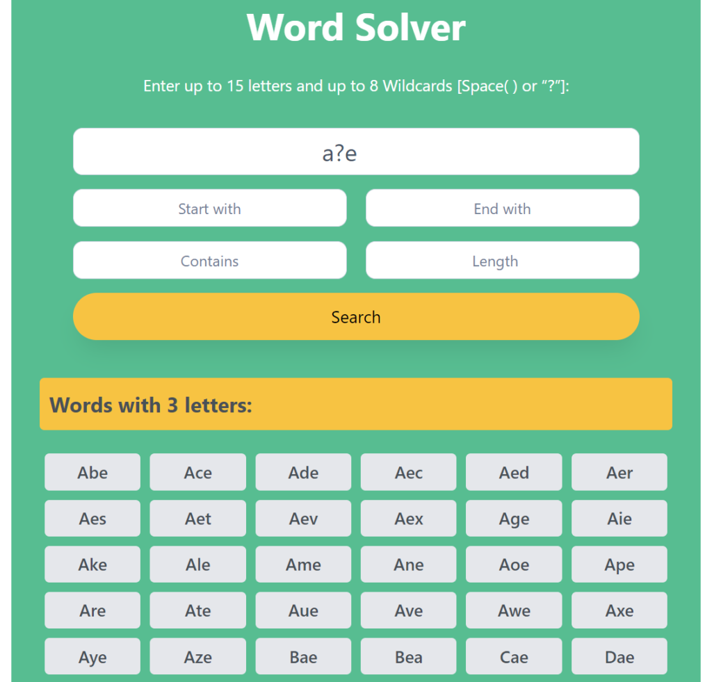 search for words with start with a and end in e